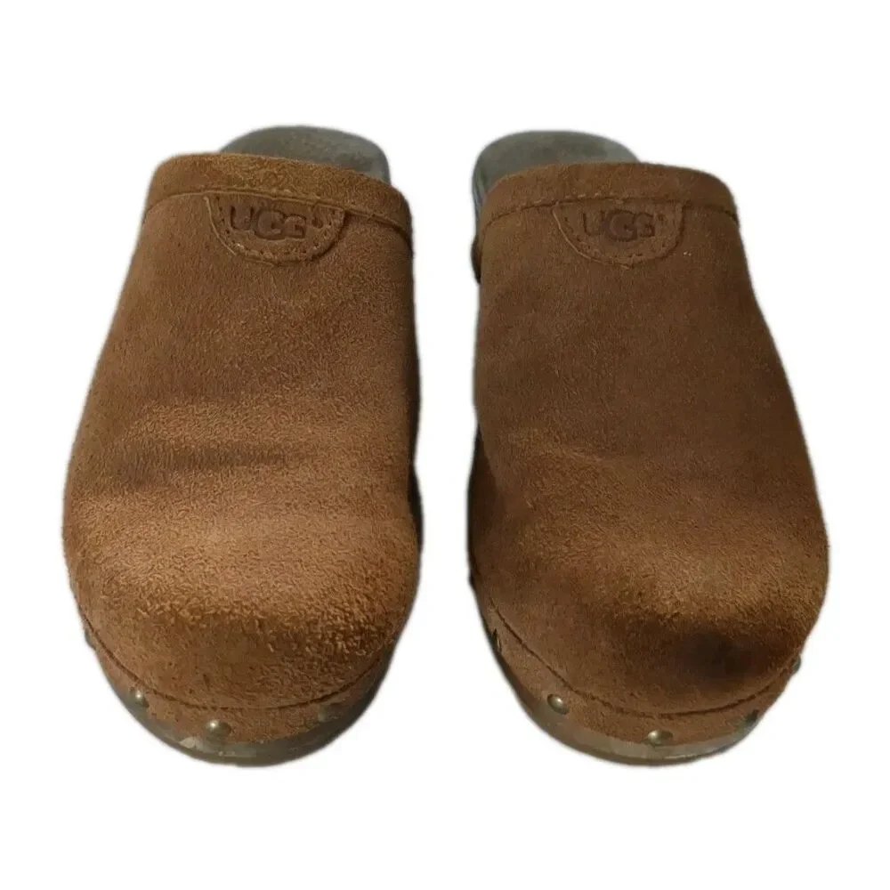 UGG Vintage Girls 13 Tan Suede Heeled Clogs Wood Sole Mules Model 3284 Retro